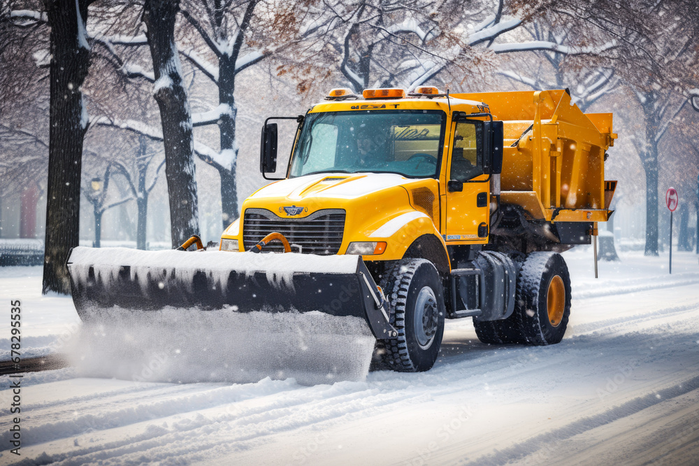 Snow Plow On a Snowy Winters Road at Day Snow Plow On a Snowy Winters Road at Day