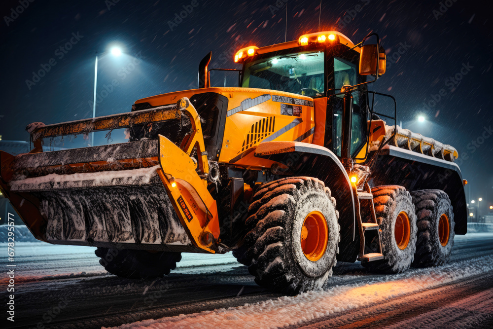 Fototapeta premium Snow Plow On a Snowy Winters Road at Night