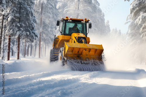 Snow Plow On a Snowy Winters Road at Day