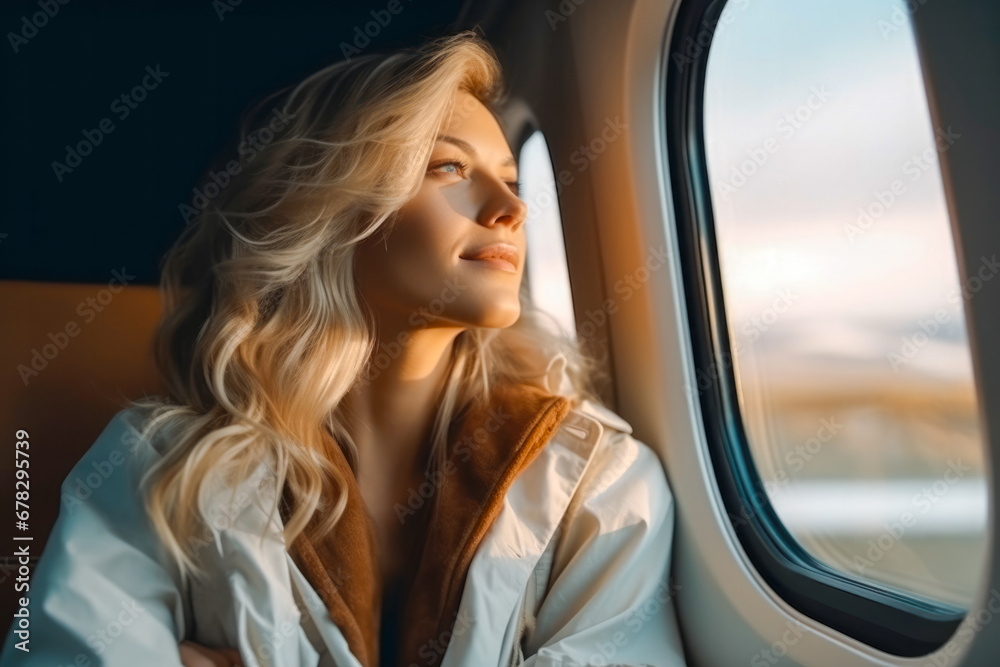 Woman on a train looking through the window with pensive look on her face. A travel concept, chasing her dreams