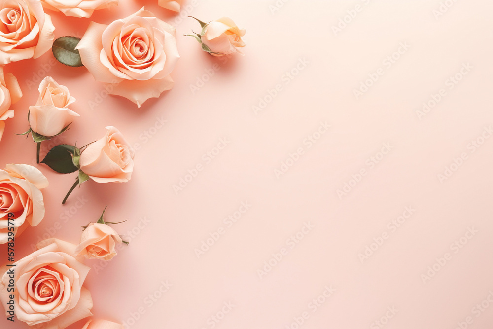 Romantic background of fresh pink roses creating an abstract and floral frame