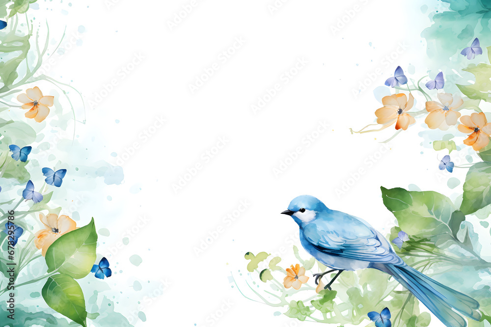 Bird on branch in watercolor style. Frame background.	