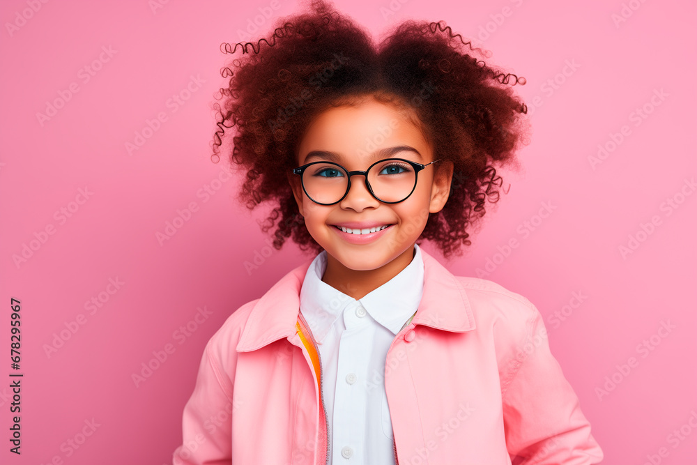 Funny and elegant 5 year old afroamerican girl in glasses poses in the studio. looking at camera on bright background Funny and elegant 5 year old afroamerican girl in glasses poses in the studio. looking at camera on bright background