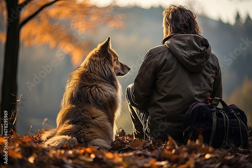 Rear view of tired mature manwith bag sitting next to dog in autumn outdoors photo