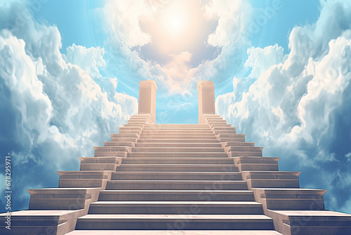 Staircase in the clouds leading to heaven with rays of light