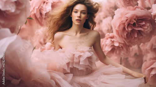A woman in a pink dress is surrounded by pink flowers