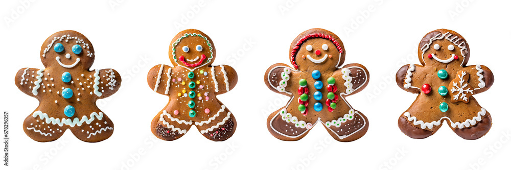 Set of 4 Gingerbread man, isolated on transparent white background.