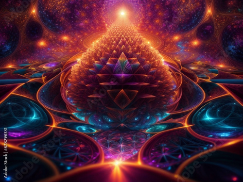 Abstract psychedelic art, awakening of consciousness, pineal gland, enlightenment. Dmt, acid, sacred geometry background. photo