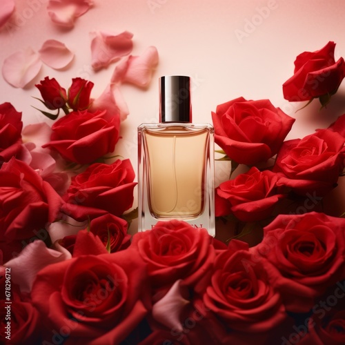 a bottle of perfume surrounded by roses