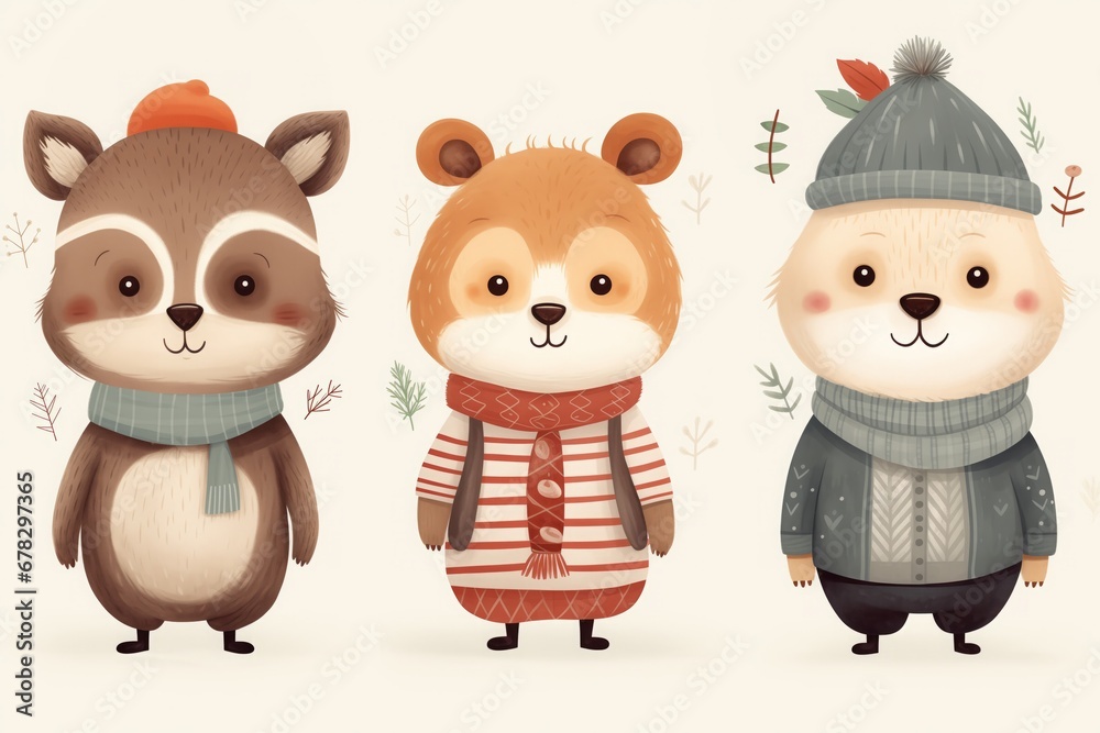 Cute forest animals in hats: bears and raccoon. Characters in children's books style, illustrations for textile or printing design Cute forest animals in hats: bears and raccoon. Characters in children's books style, illustrations for textile or printing design