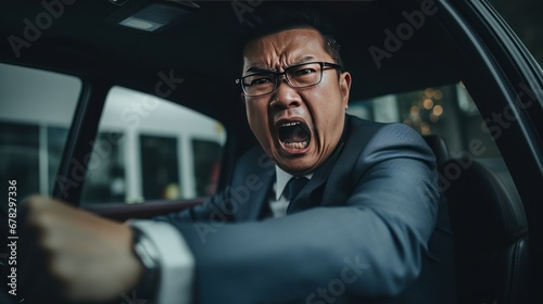 Angry asian male car driver yells at other drivers and pedestrians who obstruct traffic, mature adult businessman is late for a business meeting in a car, generative ai