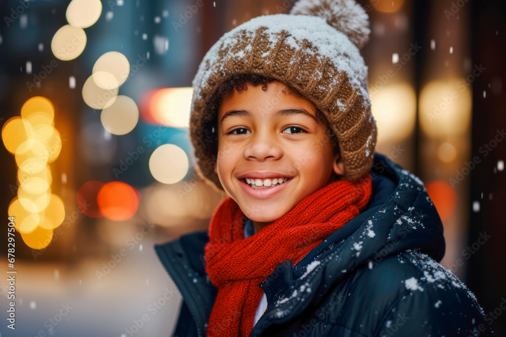 African American mixed race boy in with a cap showing happiness and standing in the city with snow and christmas lights white christmas joy African American mixed race boy in with a cap showing happiness and standing in the city with snow and christmas lights white christmas joy
