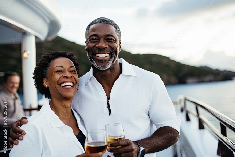 A happy, mature couple enjoys togetherness, smiles, and a romantic moment with wine outdoors, embracing the joy of life. - obrazy, fototapety, plakaty 