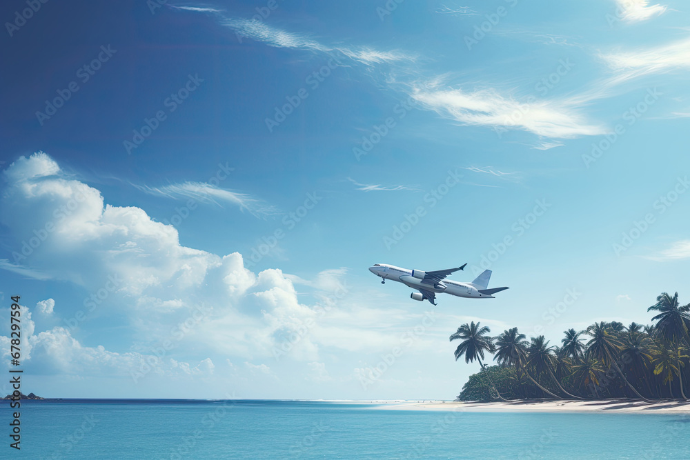 A tropical travel scene unfolds as a plane approaches a paradise destination, capturing the allure of relaxation and vacation by the beach.