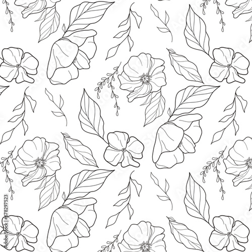 black and white pattern with flowers and leaves