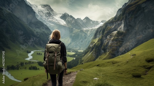 A woman with a backpack is hiking in the Swiss mountains, ai generative © Resi