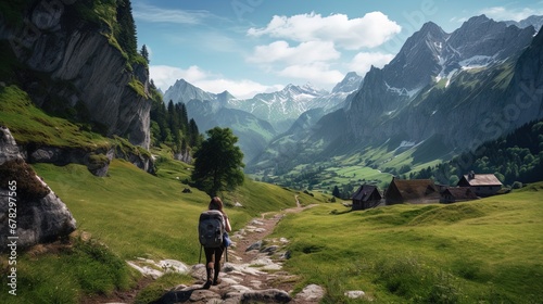 A woman with a backpack is hiking in the Swiss mountains, ai generative