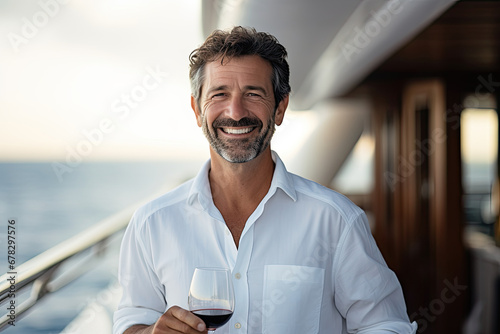 A mature man on a yacht, embodying leisure and taste, savors a red wine with a happy smile. © Andrii Zastrozhnov