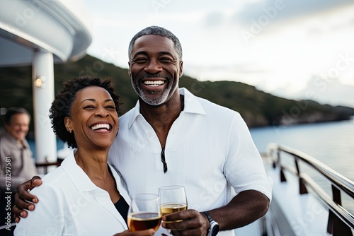 A happy, mature couple enjoys togetherness, smiles, and a romantic moment with wine outdoors, embracing the joy of life. photo