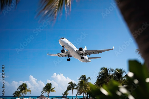 A commercial jet takes off into the blue sky, embodying air travel, vacation, and the allure of tropical destinations.