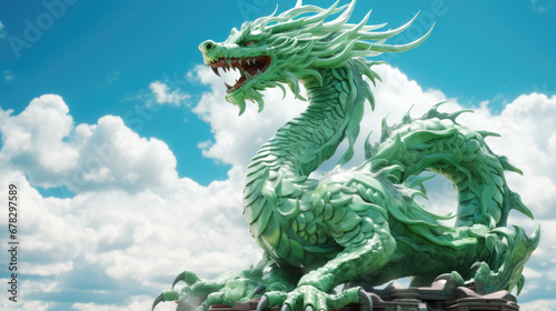 A green dragon statue shining in the sun  a symbol of the Chinese New Year  against a background of blue sky and white clouds. Happy holiday concept. Copy space. Banner