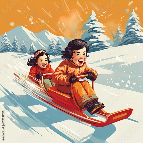 Children sledding down the hill, Retro illustration. Children play outside during the winter holidays. Holidays and childhood. postcard, banner © Irina