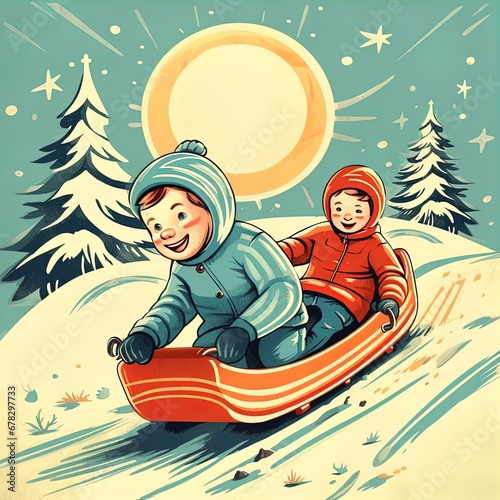 Children sledding down the hill, Retro illustration. Children play outside during the winter holidays. Holidays and childhood. postcard, banner © Irina