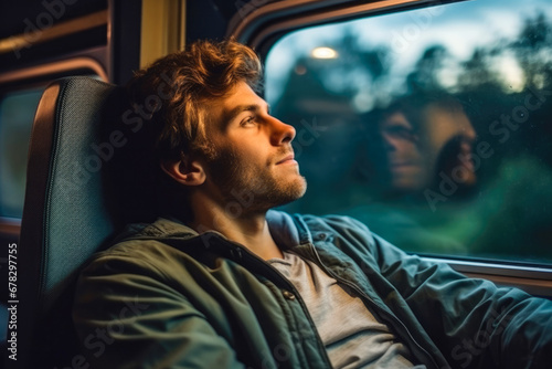 Man on a train looking through the window with pensive look on his face. A travel concept, chasing his dreams