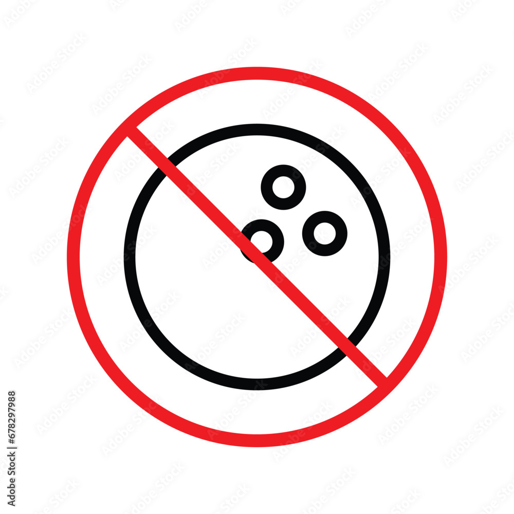 Forbidden bowling pin vector icon. Warning, caution, attention, restriction, label, ban, danger. No bowling ball flat sign design pictogram symbol. No bowling icon Forbidden bowling pin vector icon. Warning, caution, attention, restriction, label, ban, danger. No bowling ball flat sign design pictogram symbol. No bowling icon