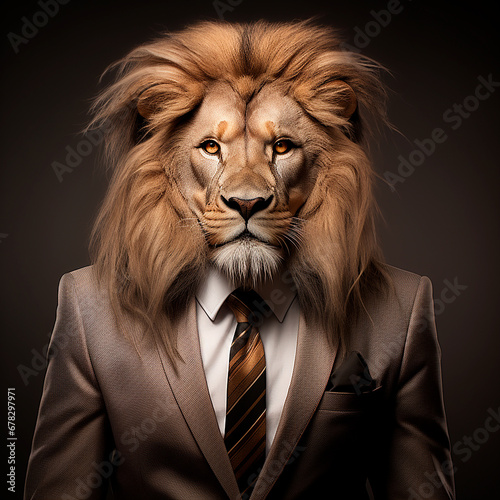 Lion wearing a suit studio photography. Hyperrealistic anthropomorphic animal portrait. AI rendered image.