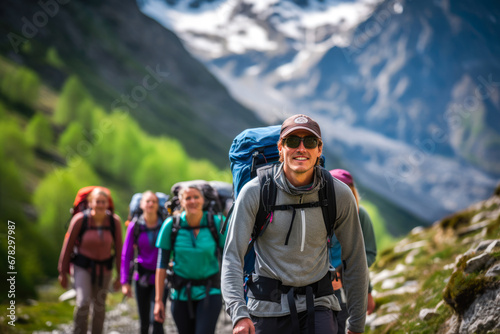 Mountain guide leading a group of hikers
