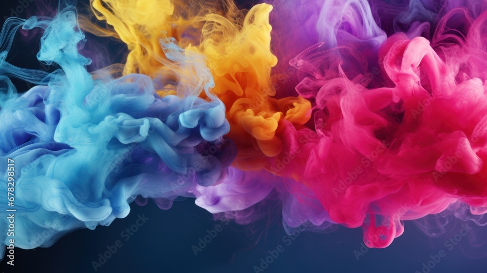 Colorful smoke background. Plumes of multi-colored smoke on a blue-violet background. Cloud of colored ink or paint underwater. Abstract backdrop for banner, poster, card, brochure.