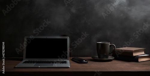 desk office top view with computer,notepad, pen coffee and plant on black background. flat lay with copy space. AI generated image