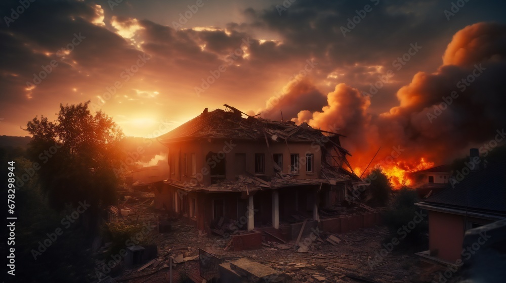Urban house after a rocket attack in the morning. Urban house after a rocket attack in the morning.