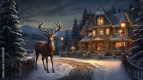  a painting of a deer standing in front of a house with a christmas light on it's roof and a street light in front of the house is covered in snow. © Shanti