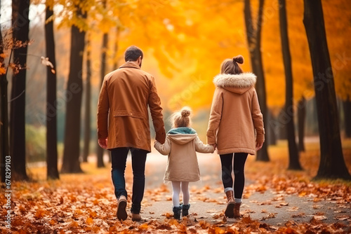 Caucasian family walking in the park autumn fall leaves in the ground and trees, view from behind