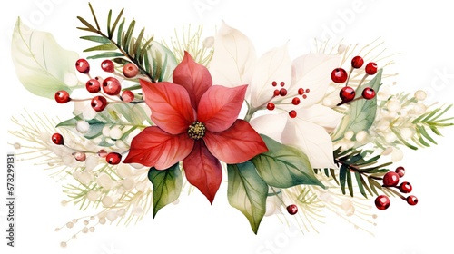  a watercolor painting of a poinsettia, holly, and white flowers with green leaves and berries on a white background with red berries and green leaves.