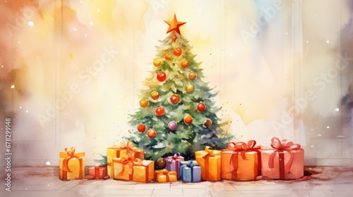  a watercolor painting of a christmas tree with presents under it and a star on the top of the tree and a star on the top of the christmas tree.