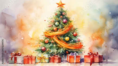  a watercolor painting of a christmas tree with presents under it and a star on top of the tree, with a yellow ribbon on the top of the tree.