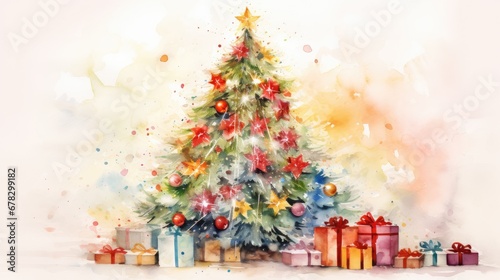  a watercolor painting of a christmas tree with presents in front of it and a star on the top of the tree and a star on the top of the tree.