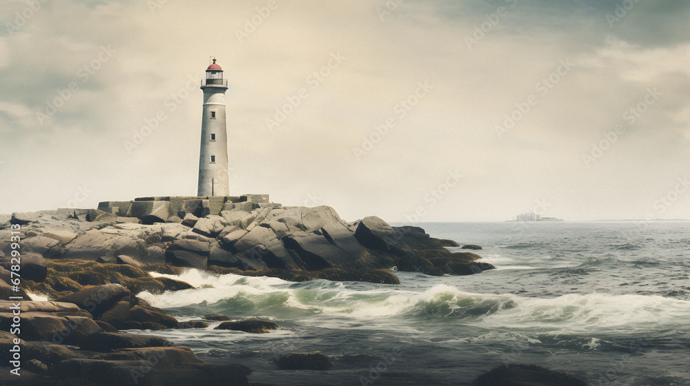 Charming Old Lighthouse Standing Tall by the Rocky Coastline, Enhanced with Cool and Muted Tones to Evoke a Nostalgic and Maritime Aura