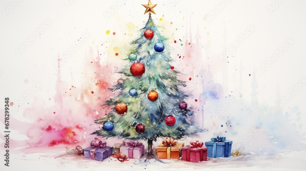 a watercolor painting of a christmas tree with presents in front of it and a star on top of the tree and a star on the top of the tree. a watercolor painting of a christmas tree with presents in front of it and a star on top of the tree and a star on the top of the tree.