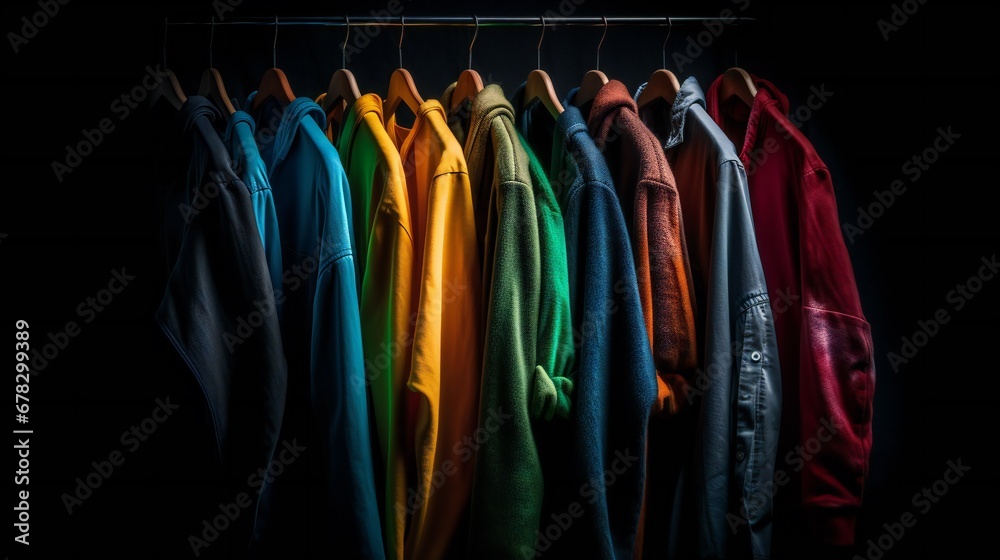 Obraz premium Closeup image of colourful sweaters hanging on a black background.
