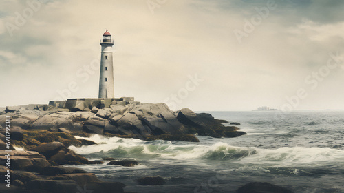 Charming Old Lighthouse Standing Tall by the Rocky Coastline  Enhanced with Cool and Muted Tones to Evoke a Nostalgic and Maritime Aura