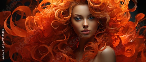 Young red haired woman with long and curly hair.