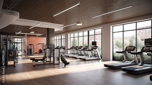 Modern gym interior with treadmills.