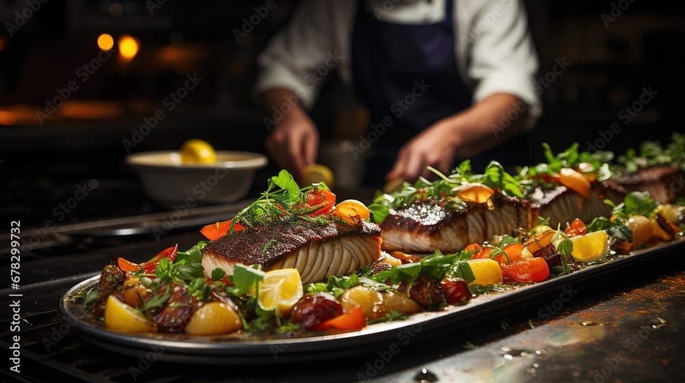 A chef expertly plating a gourmet dish in a high-end restaurant. A chef expertly plating a gourmet dish in a high-end restaurant.