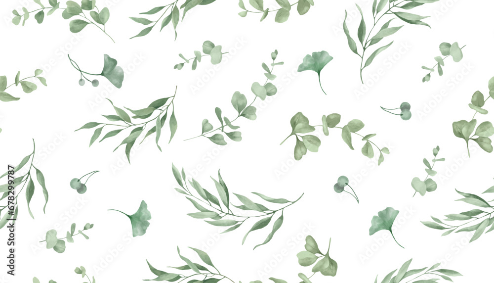 Watercolor seamless pattern with ginkgo, eucalyptus. Hand drawn floral illustration isolated on white background. Vector EPS. - obrazy, fototapety, plakaty 