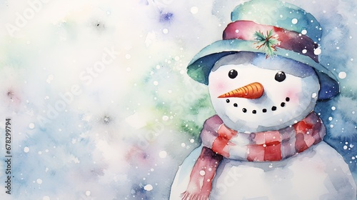  a watercolor painting of a snowman wearing a red and white scarf and a green hat with a carrot sticking out of it's nose in the snow.