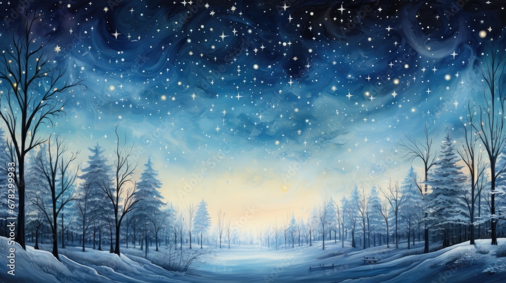 a painting of a snowy landscape with trees and a bench in the foreground and a night sky filled with stars and the moon in the middle of the sky. a painting of a snowy landscape with trees and a bench in the foreground and a night sky filled with stars and the moon in the middle of the sky.